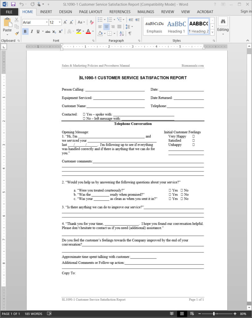 Customer Service Satisfaction Report Template | Sl1090 1 Inside Report Template Word 2013