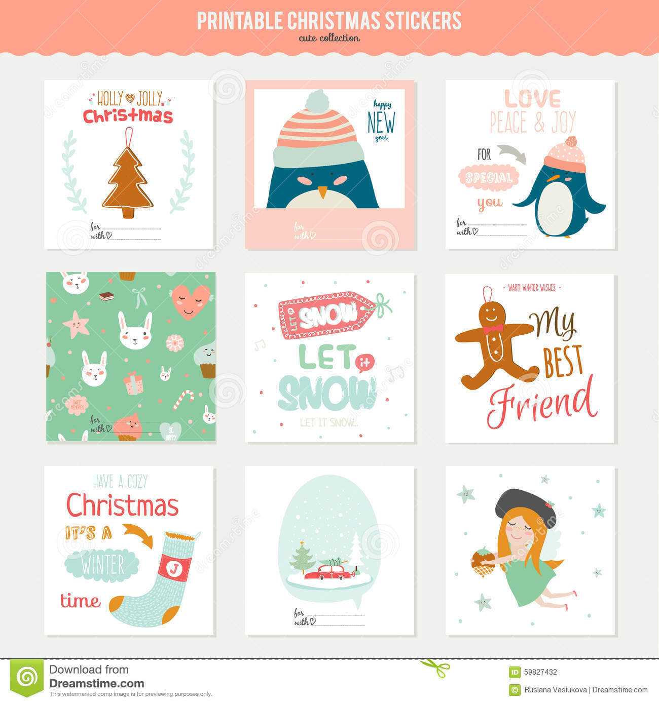 Cute Vector Christmas Cards And Stickers Stock Vector For Christmas Note Card Templates