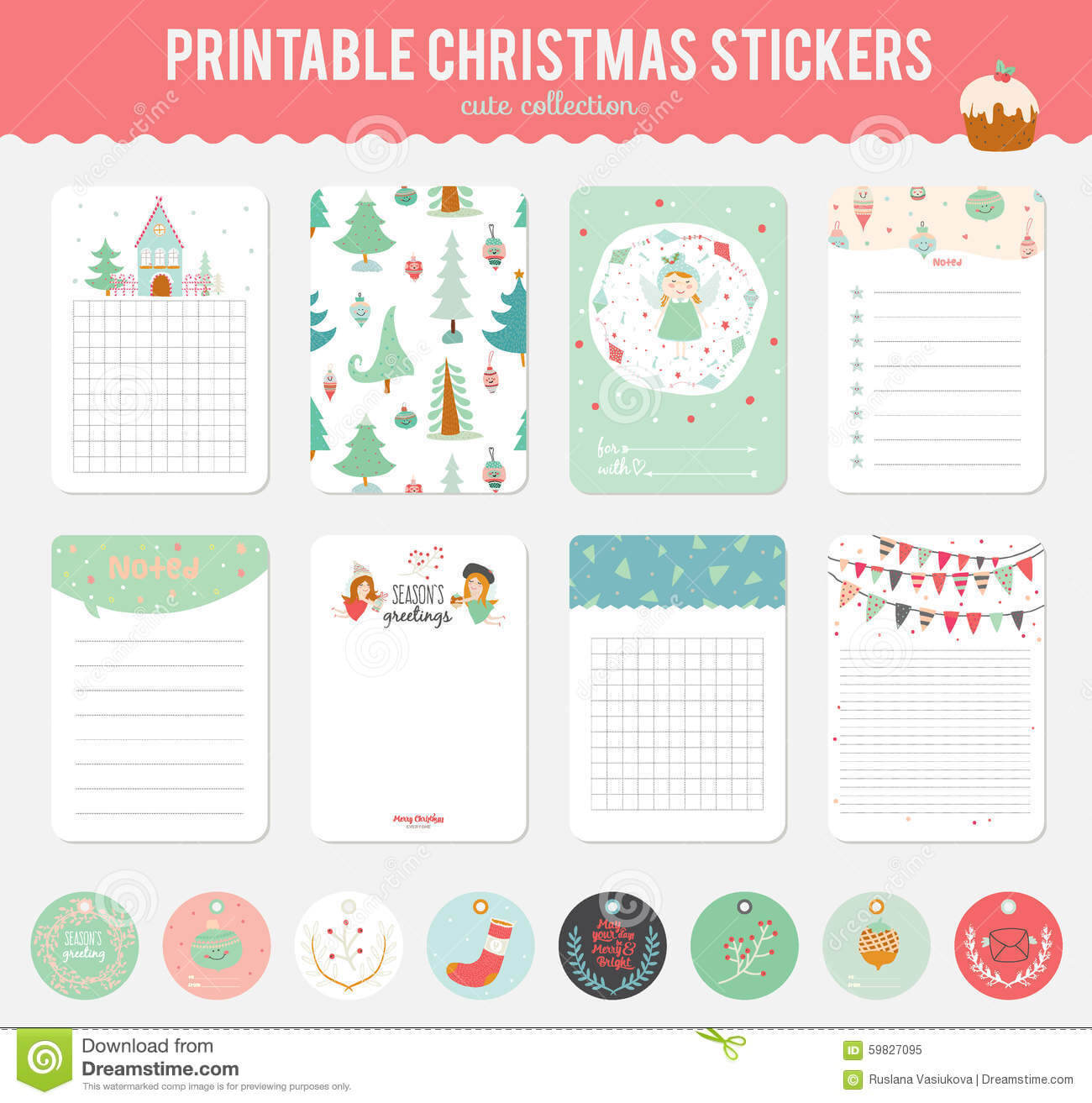 Cute Vector Christmas Cards And Stickers Stock Vector Intended For Christmas Note Card Templates