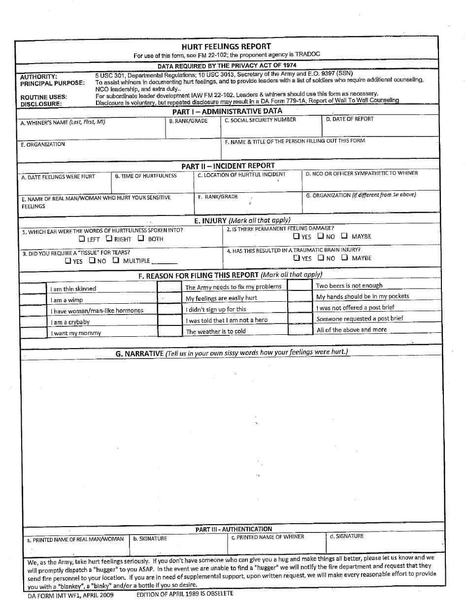 Da Form Imt Wf1, 2009 – Hurt Feelings Report Printable Pdf Within Hurt Feelings Report Template