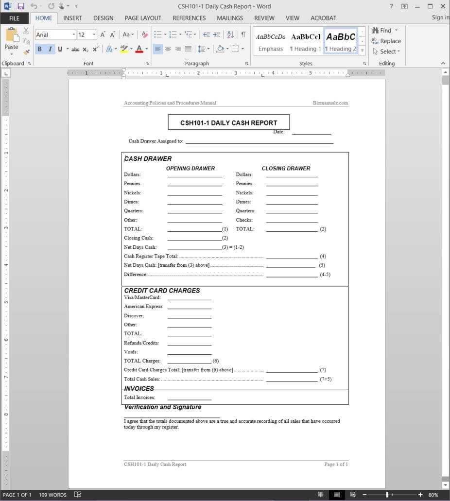 Daily Cash Report Template | Csh101 1 Throughout End Of Day Cash Register Report Template