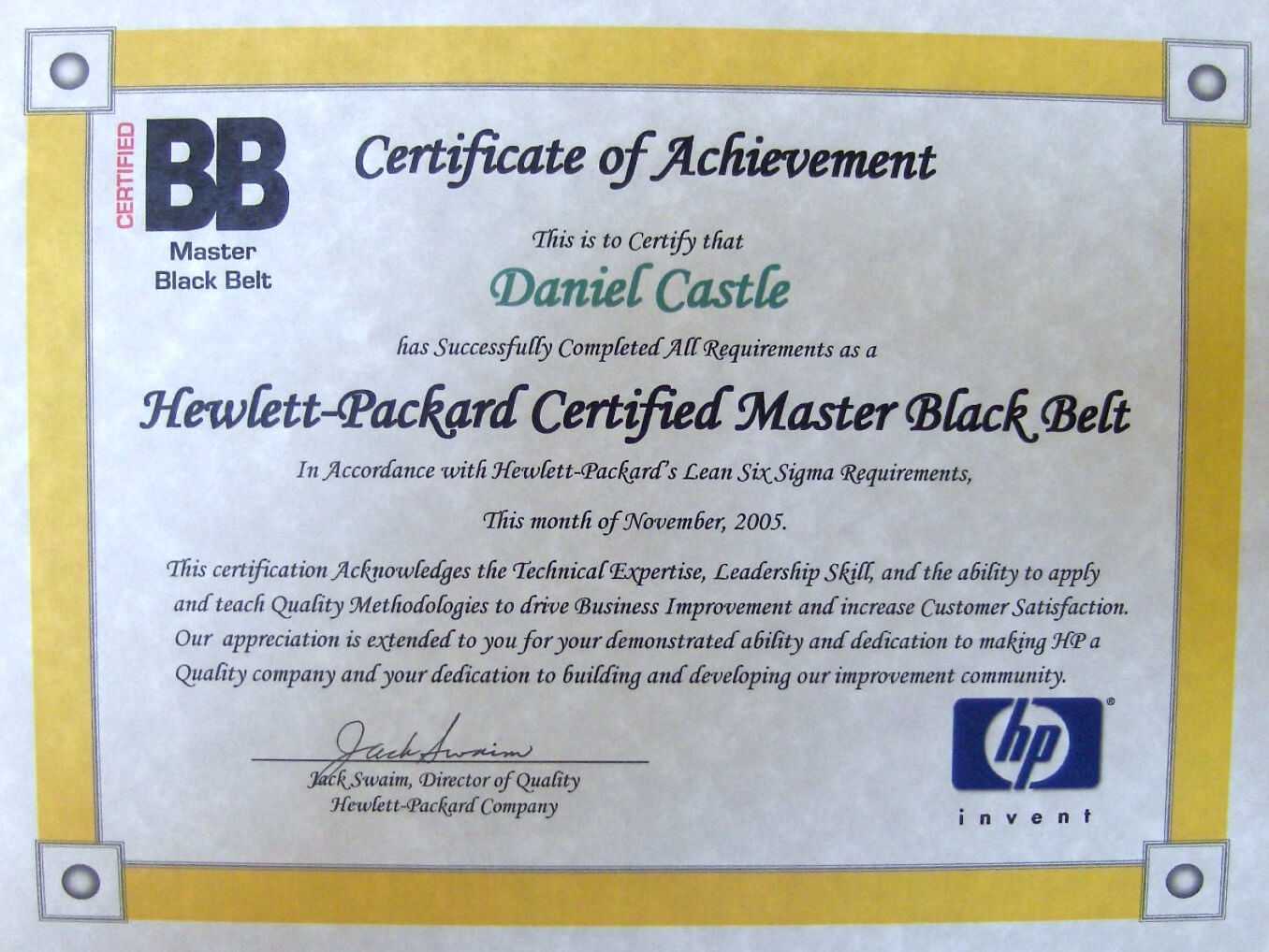 Dan Castle – Leader In The Professional Community Pertaining To Green Belt Certificate Template