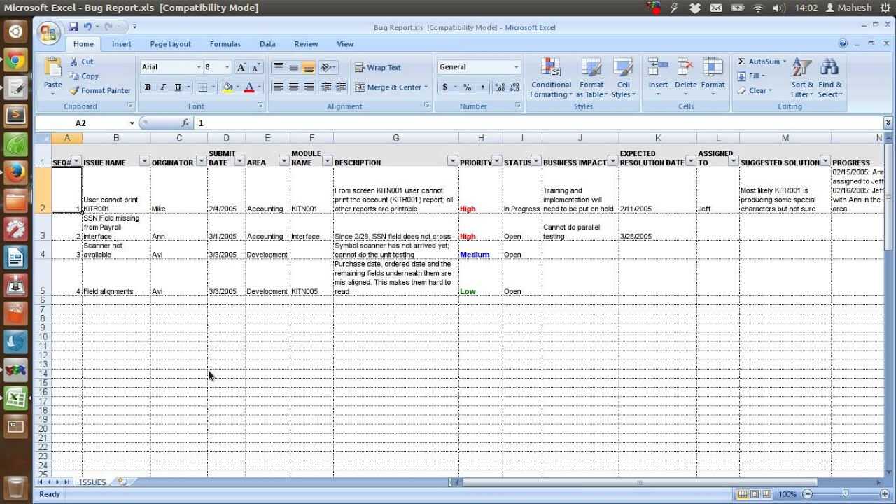 Defect Tracking Template Xls Inside Bug Report Template Xls