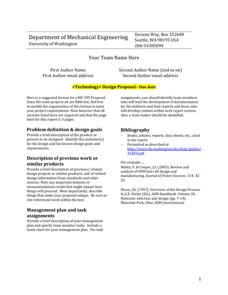 Design Report Template - University Of Washington For Section 7 Report Template