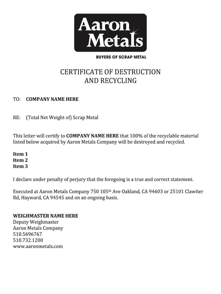 Destruction Scrap – Fill Online, Printable, Fillable, Blank With Certificate Of Destruction Template