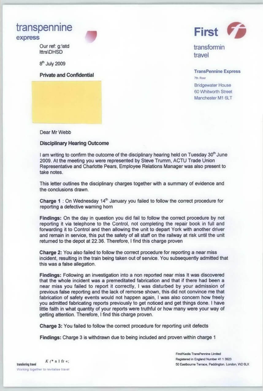 Disciplinary Hearing Outcome Letter - Transpennine Express Inside Investigation Report Template Disciplinary Hearing