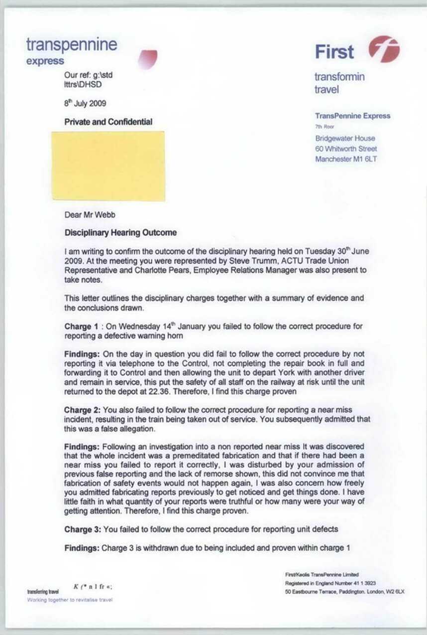 Disciplinary Hearing Outcome Letter – Transpennine Express Inside Investigation Report Template Disciplinary Hearing