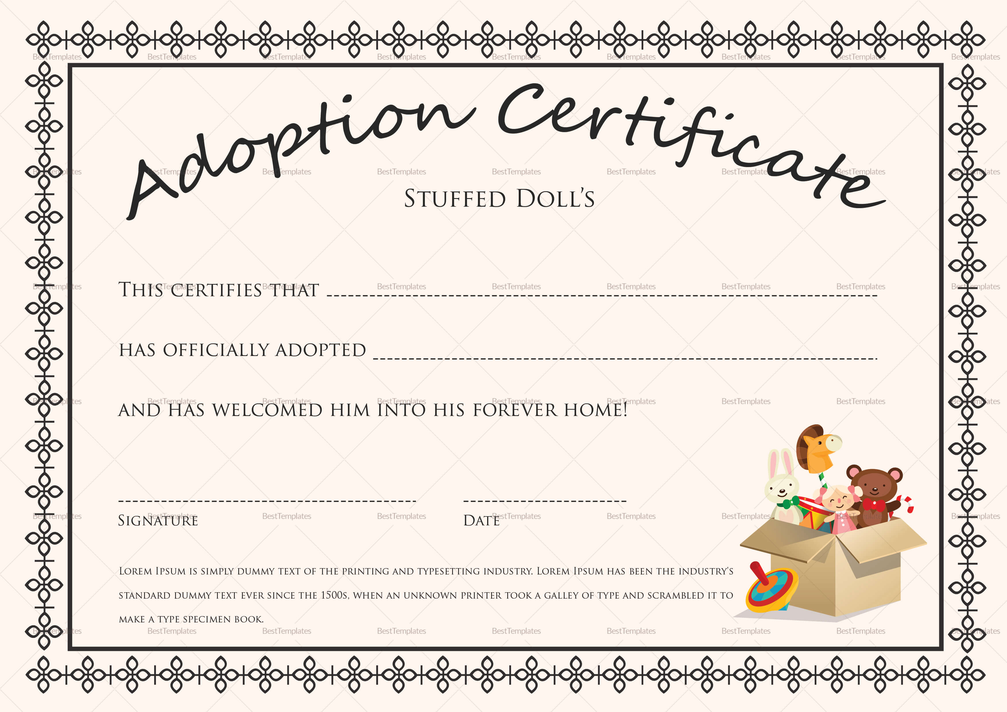 Doll Adoption Certificate Template In Pet Adoption Certificate Template