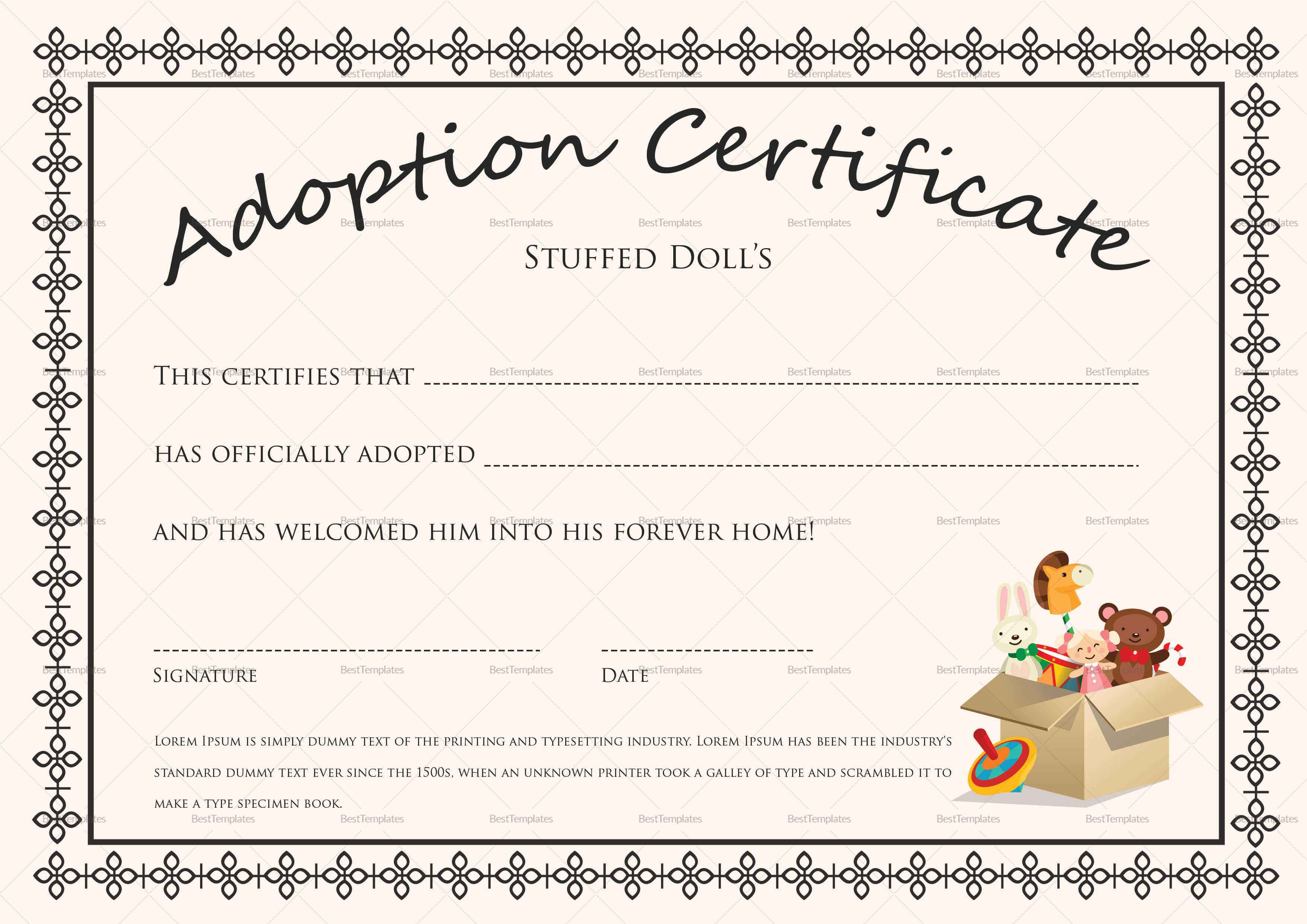 Doll Adoption Certificate Template With Regard To Adoption Certificate Template