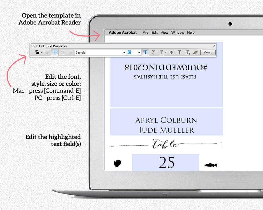 Double Sided Place Cards With Meal Options · Wedding Templates And  Printables For Place Card Size Template