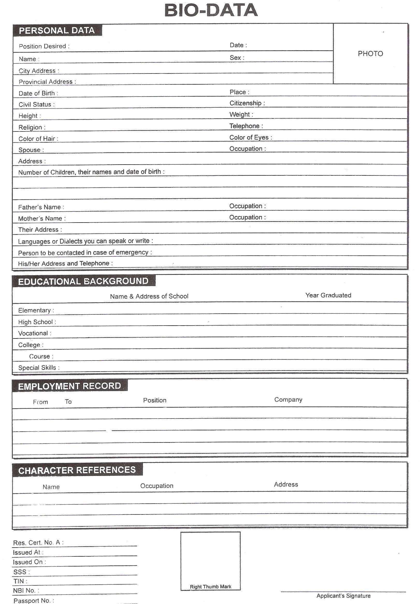 Download Free Blank Resume Forms Pdf | Stuff To Buy | Bio In Free Bio Template Fill In Blank