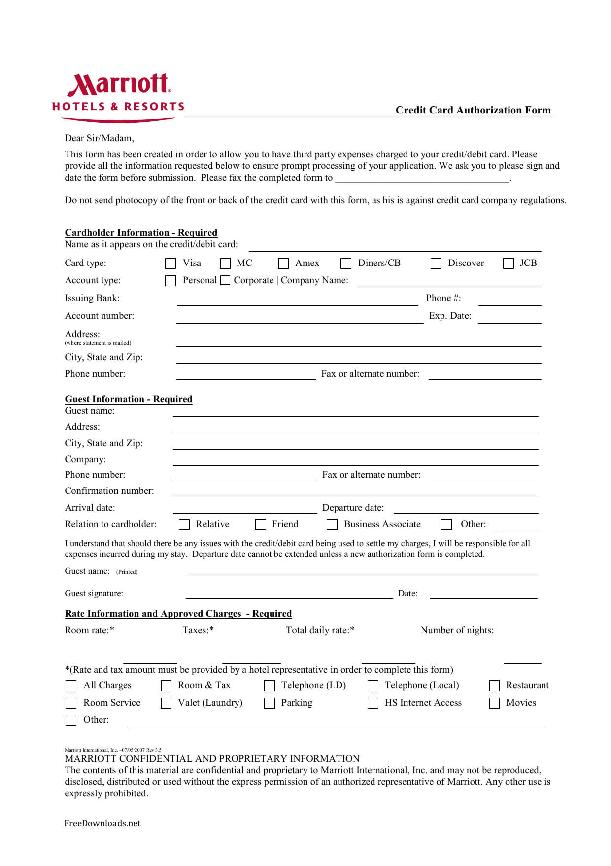 Download Marriott Credit Card Authorization Form Template Pertaining To Hotel Credit Card Authorization Form Template