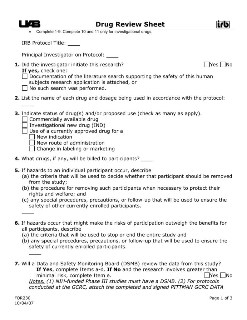 Drug Review Sheet (For230) Throughout Dsmb Report Template