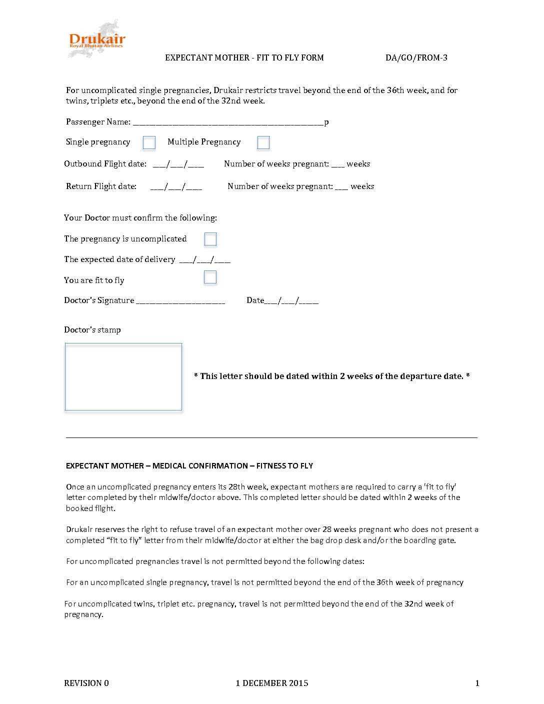 Drukair Fit To Fly Certificate For Pregnant (Expactant)  With Fit To Fly Certificate Template