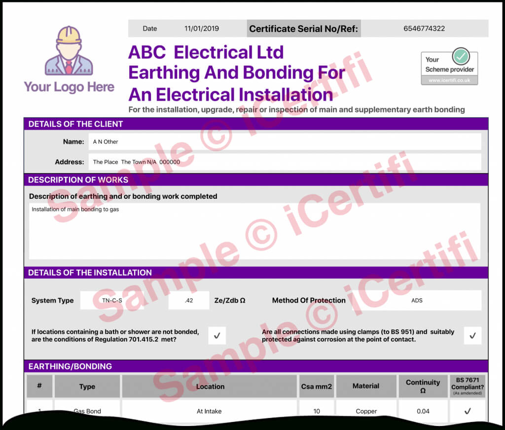 Earthing And Bonding Electrical Certificate From Icertifi For Electrical Isolation Certificate Template