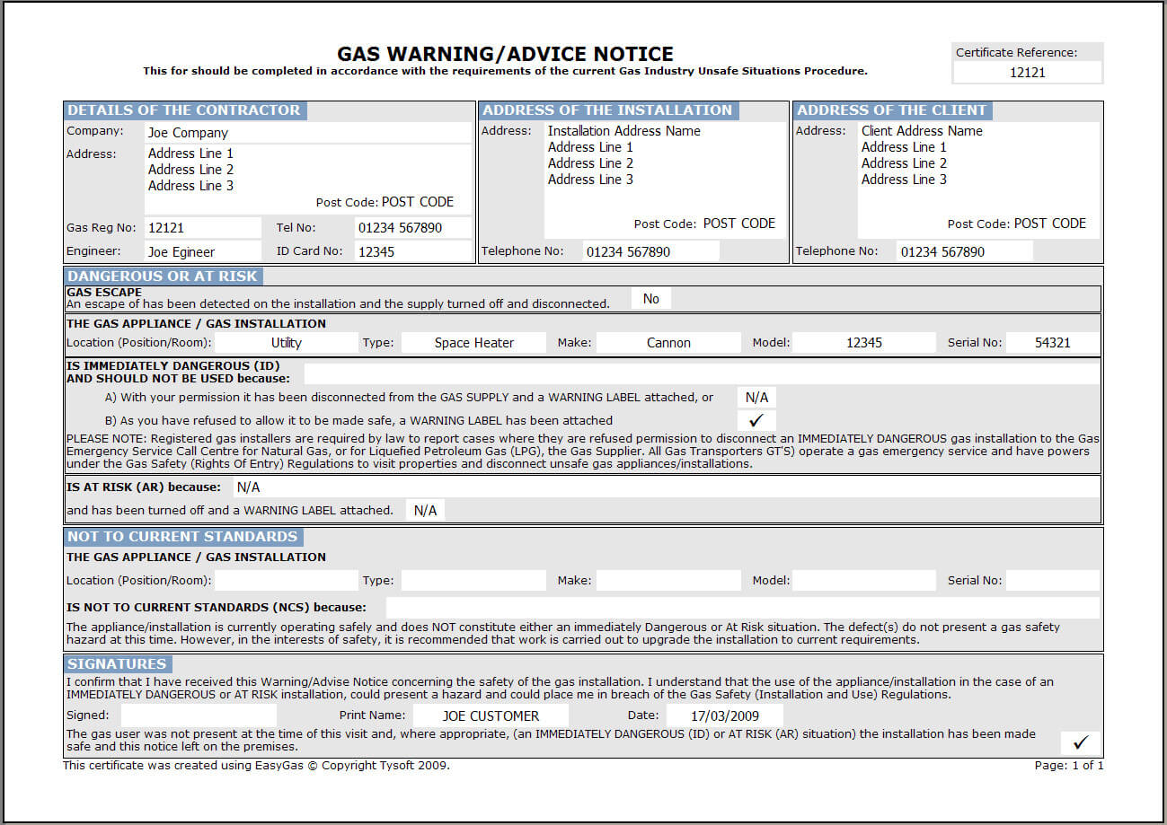 Easygas Certification Software With Electrical Minor Works Certificate Template