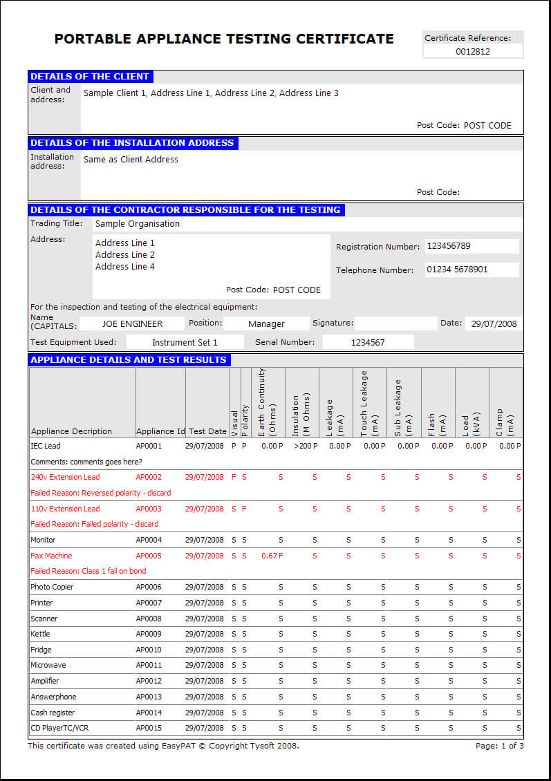 Easypat Portable Appliance Testing Software With Regard To Megger Test Report Template