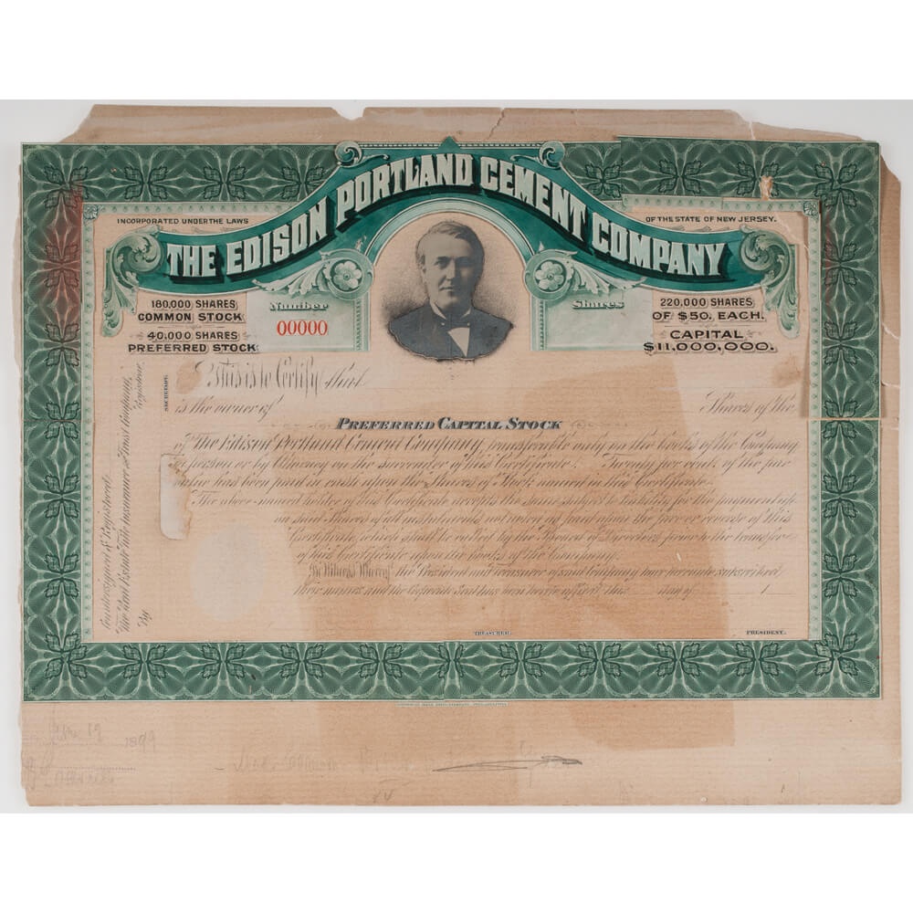 Edison Portland Cement Company, Mock Up Template & Original With Mock Certificate Template