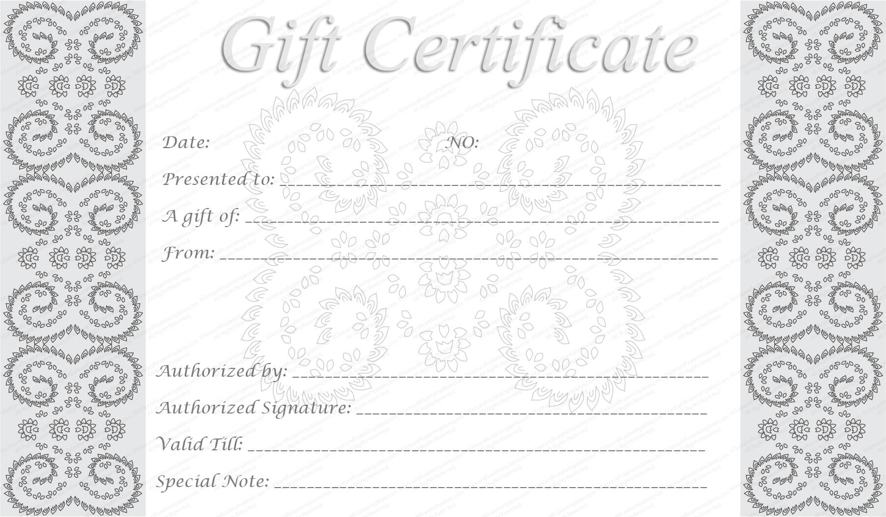 Editable And Printable Silver Swirls Gift Certificate Template Throughout Black And White Gift Certificate Template Free