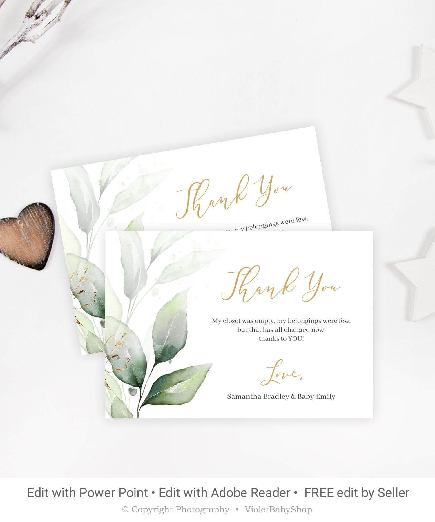Editable Baby Shower Thank You Card, Printable Greenery Pertaining To Powerpoint Thank You Card Template