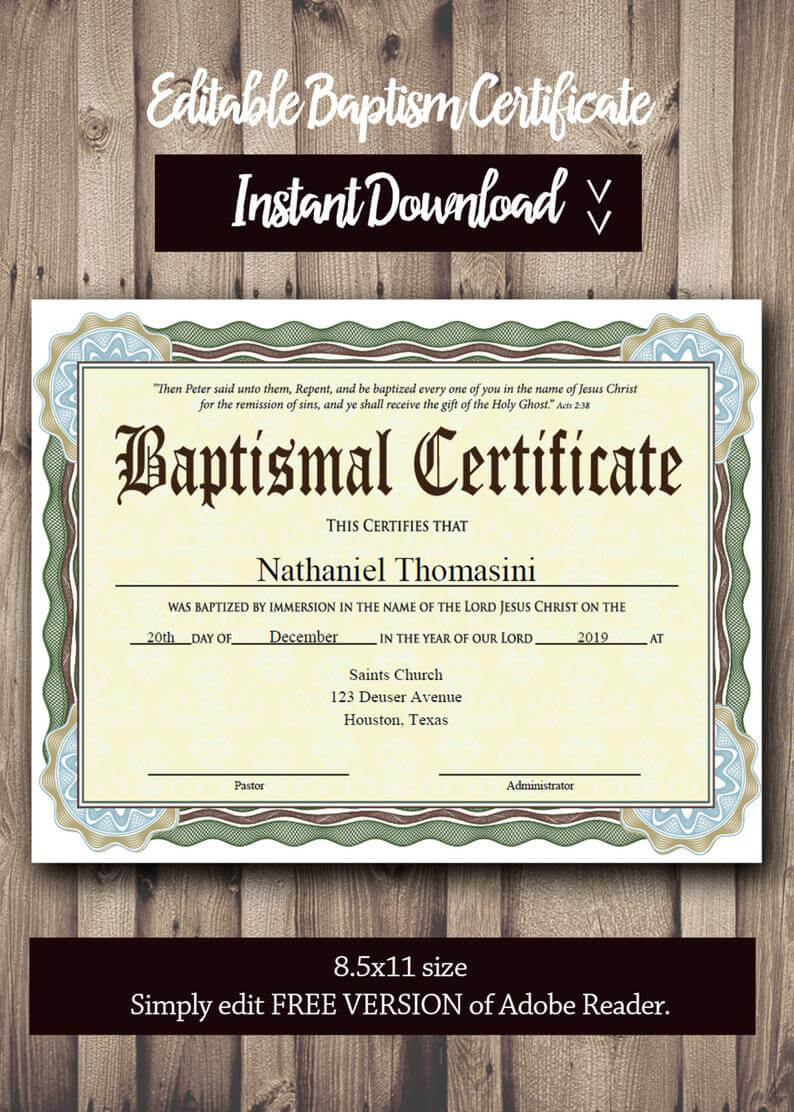 Editable Baptism Certificate Template – Pdf Adobe Reader Editable File –  Printable Certificate Template – Instant Download With Christian Baptism Certificate Template