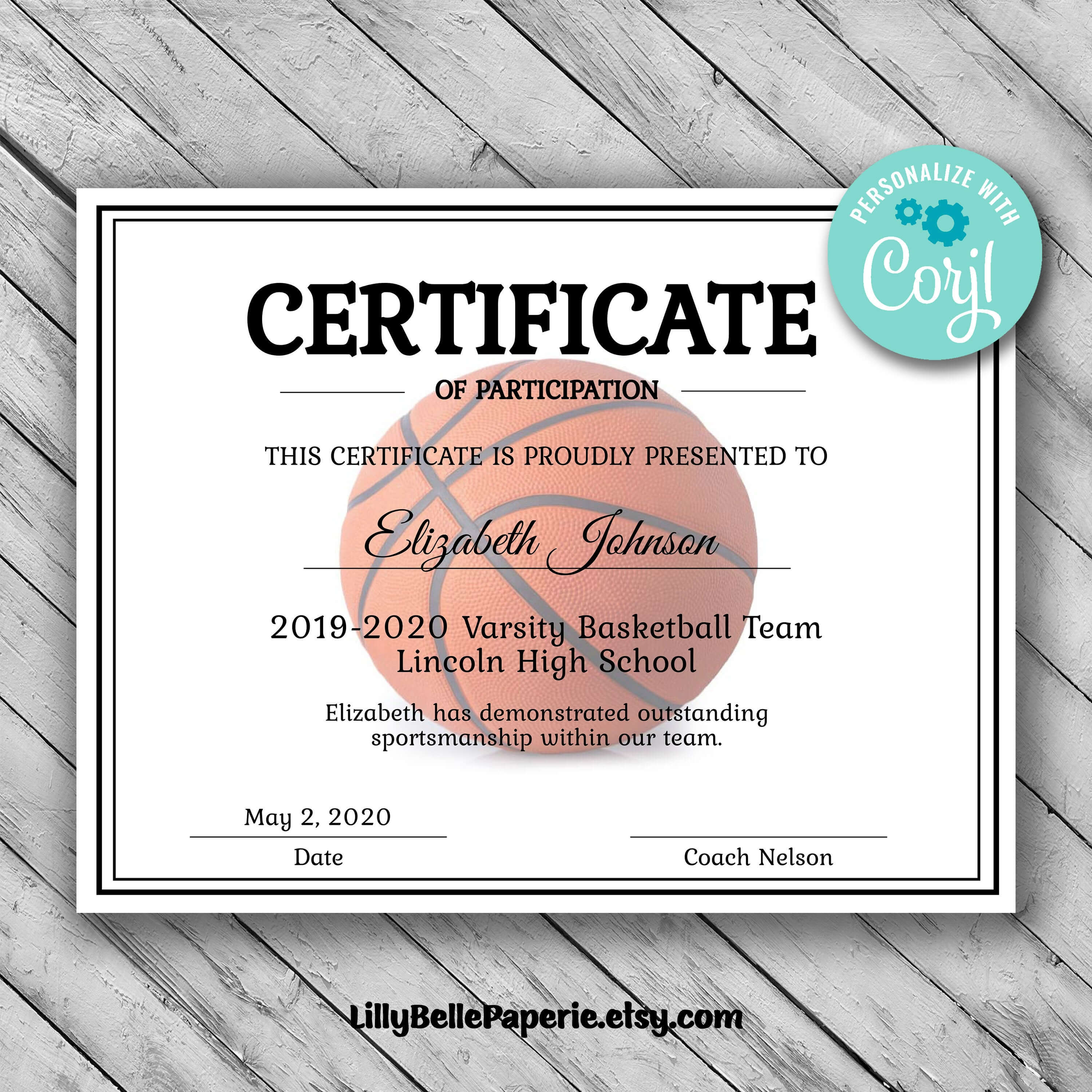 Editable Basketball Certificate Template – Printable Certificate Template –  Basketball Certificate Template Personalized Diploma Certificate Pertaining To Basketball Camp Certificate Template