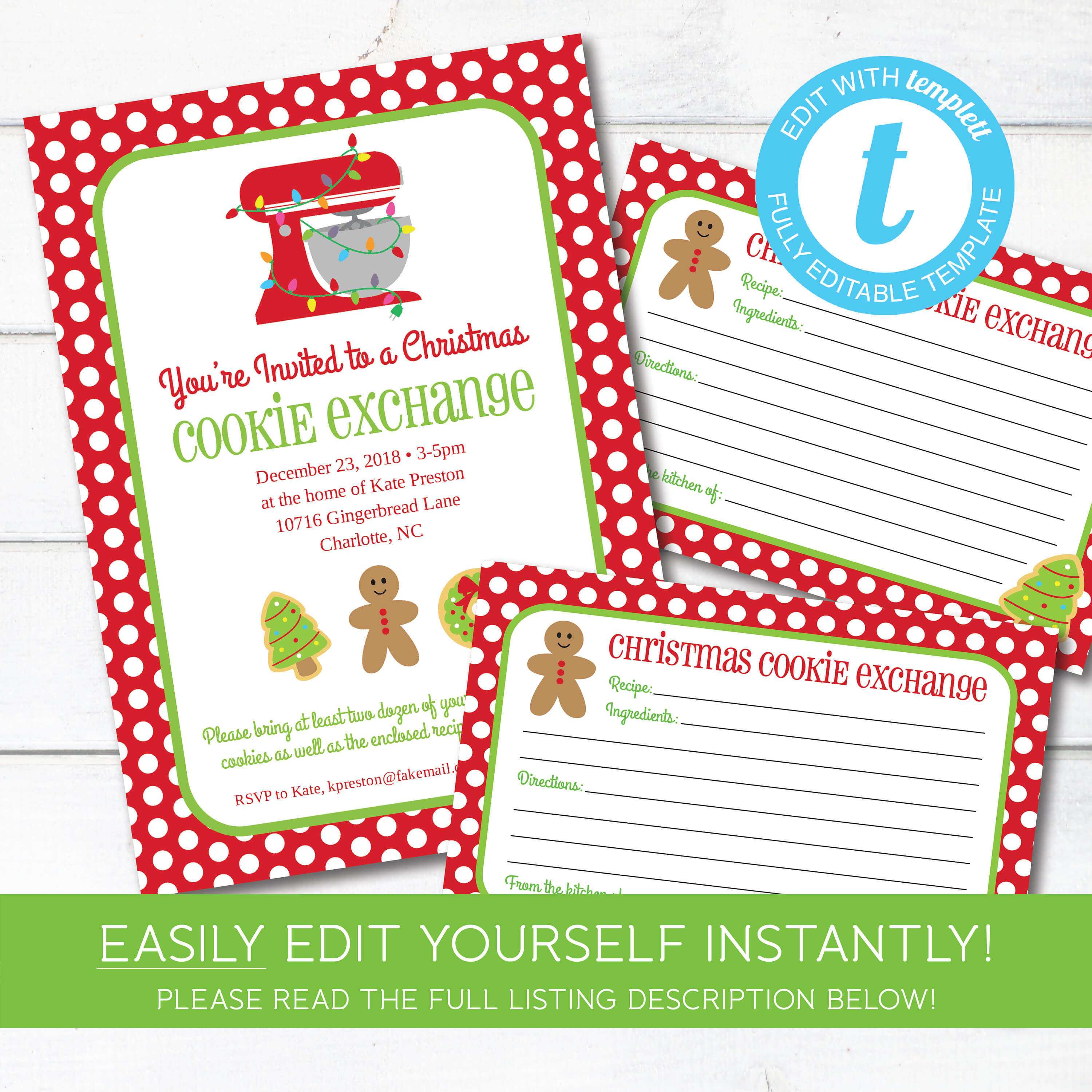 Editable Cookie Exchange Christmas Party Invitation And Recipe Cards,  Instant Download, Holiday Cookie Party Invitation, Edit With Templett In Cookie Exchange Recipe Card Template