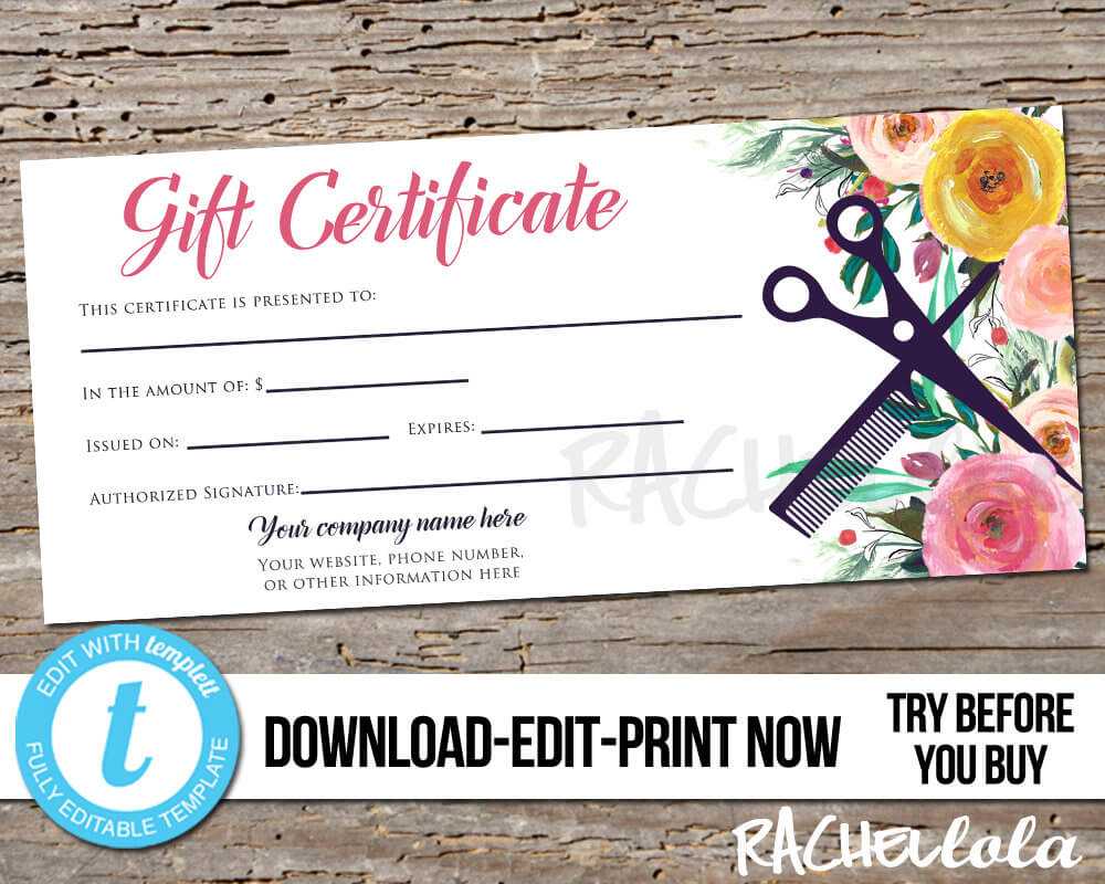 Editable Custom Hair Salon Gift Certificate Template , Printable Hair  Stylist Gift Voucher, Gift Card, Instant Download Templett, Flower Regarding Salon Gift Certificate Template