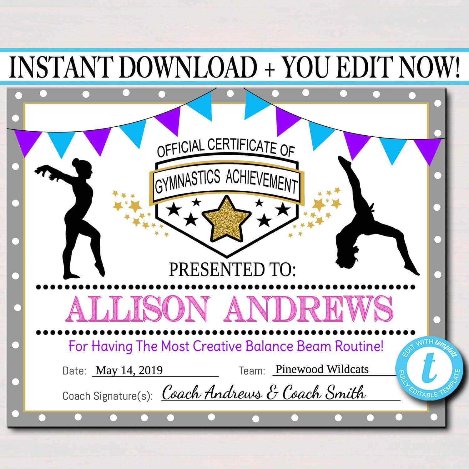 Editable Gymnastics Certificates, Instant Download throughout Gymnastics Certificate Template