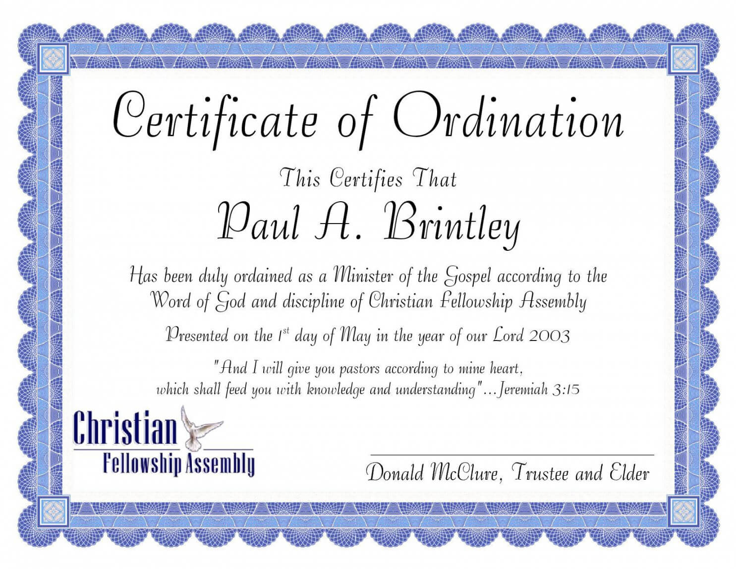 Editable Pastoral Ordination Certificatepatricia Clay Intended For Certificate Of Ordination Template