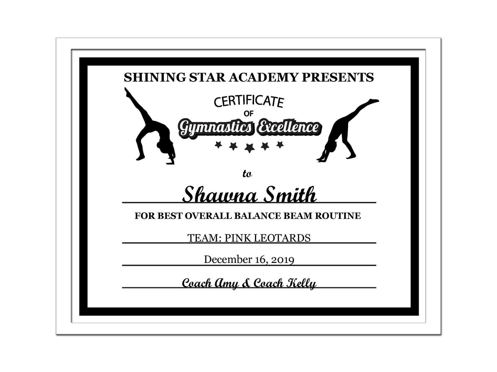 Editable Pdf Sports Team Gymnastics Certificate Award Template In Black  Letter Size Instant Download Pdf & Blank Jpg Sc 002 Gymnastics Blk In Gymnastics Certificate Template