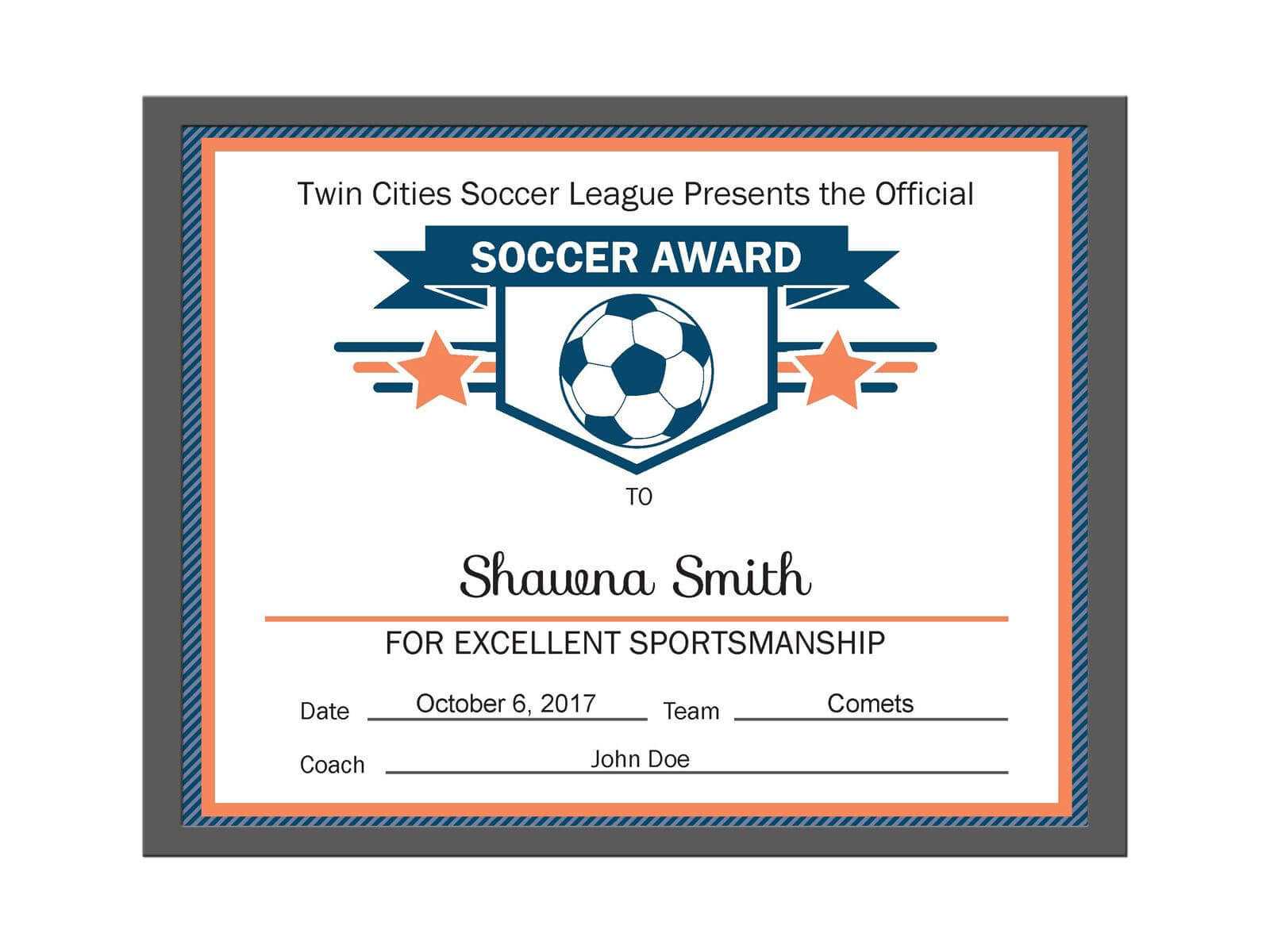 Editable Pdf Sports Team Soccer Certificate Award Template In Athletic Certificate Template