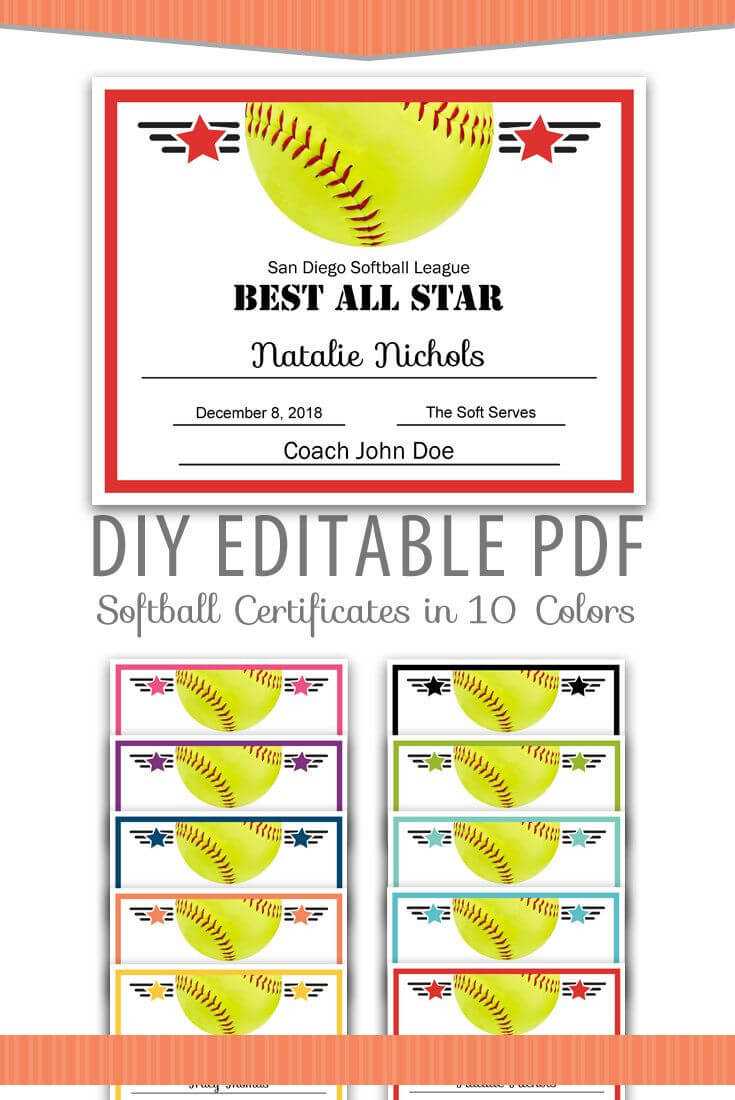 Editable Pdf Sports Team Softball Certificate Award Template For Softball Certificate Templates