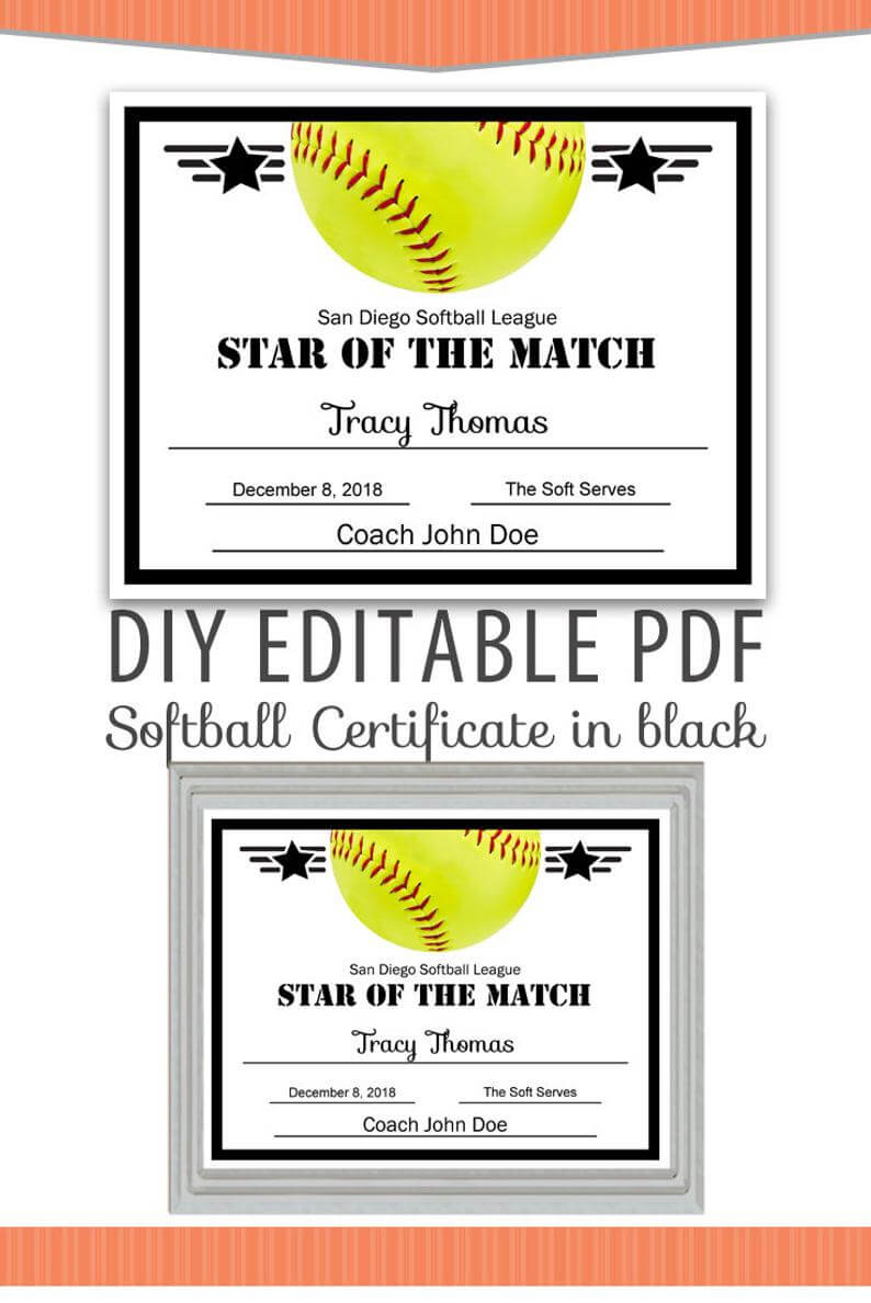 Editable Pdf Sports Team Softball Certificate Diy Award Template In Black  Letter Size Instant Download Throughout Softball Certificate Templates Free