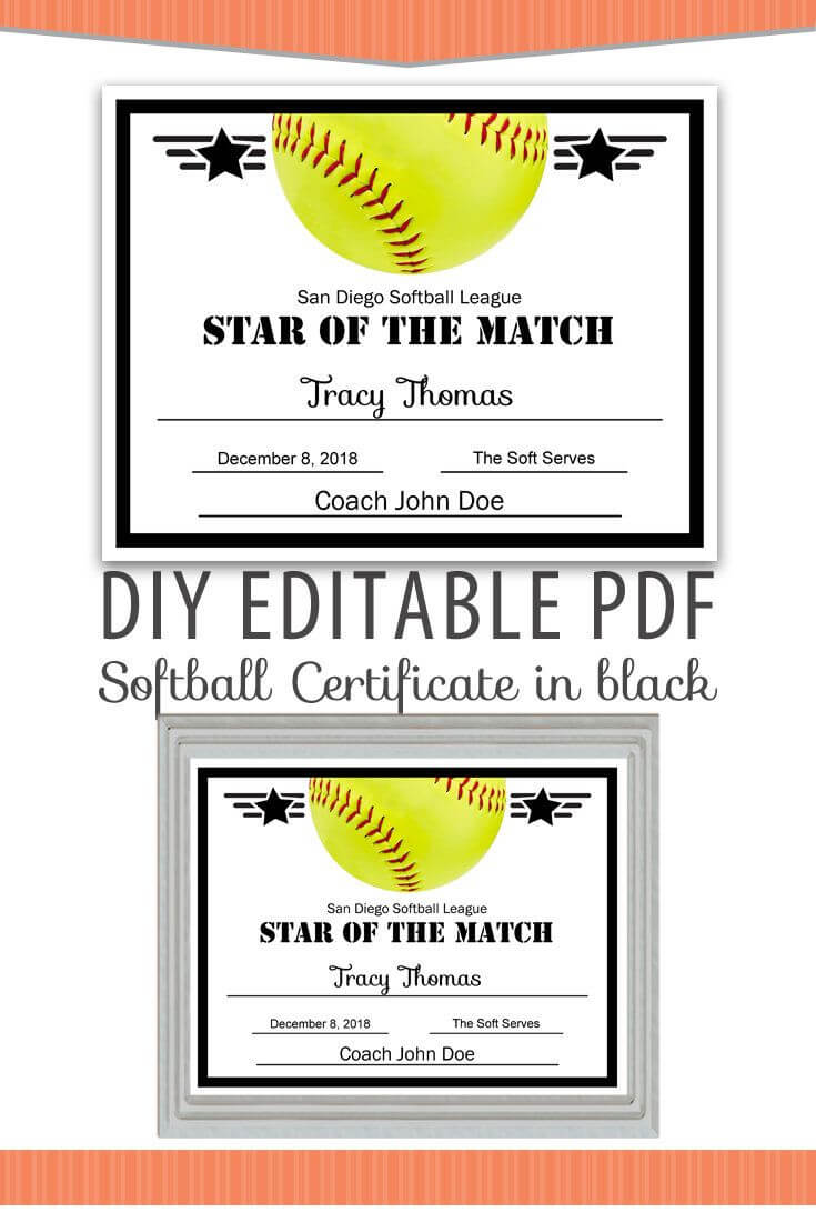 Editable Pdf Sports Team Softball Certificate Diy Award Within Softball Award Certificate Template
