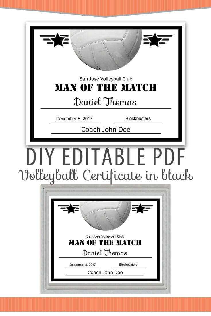 Editable Pdf Sports Team Volleyball Certificate Diy Award Inside Free Softball Certificate Templates