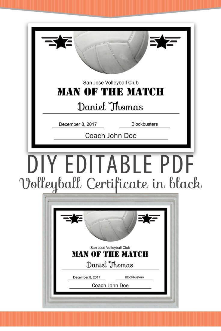 Editable Pdf Sports Team Volleyball Certificate Diy Award Within Softball Award Certificate Template
