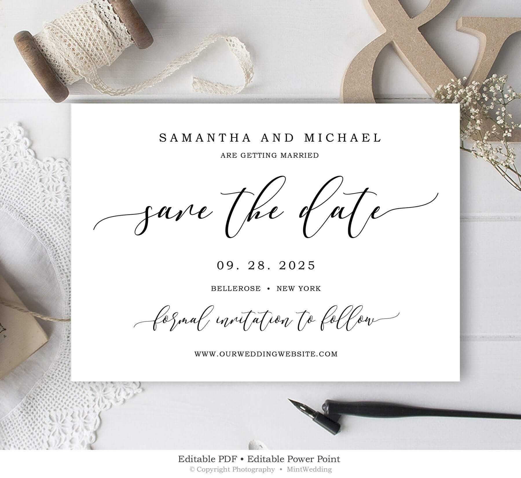 Editable Save The Date Card, Wedding Save The Date Template, Rustic Save  The Date Printable, Calligraphy Save The Date Instant Download Sd4 Within Save The Date Powerpoint Template