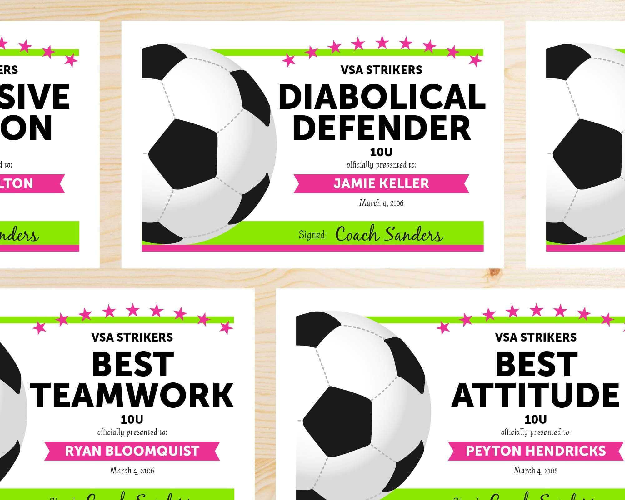 Editable Soccer Award Certificates – Instant Download Printable – Hot Pink  And Lime Neon Green With Soccer Award Certificate Template