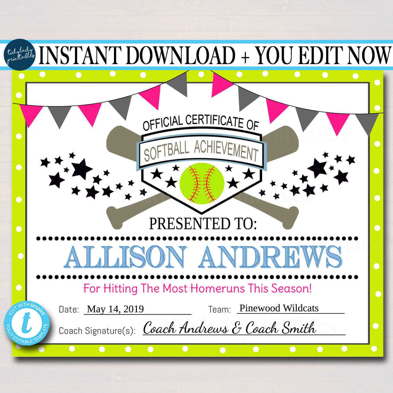 Editable Softball Certificates Instant Download Softball Award, Printable  Girls Softball Team Participation Awards, Sports Acheivement Regarding Softball Award Certificate Template