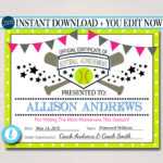 Editable Softball Certificates Instant Download Softball Award, Printable  Girls Softball Team Participation Awards, Sports Acheivement Within Softball Certificate Templates Free