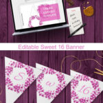 Editable Sweet 16 Banner Template For Pink Purple 16Th Within Sweet 16 Banner Template