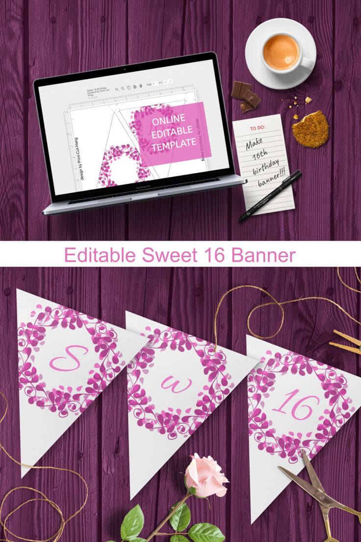 Editable Sweet 16 Banner Template For Pink Purple 16Th Within Sweet 16 Banner Template