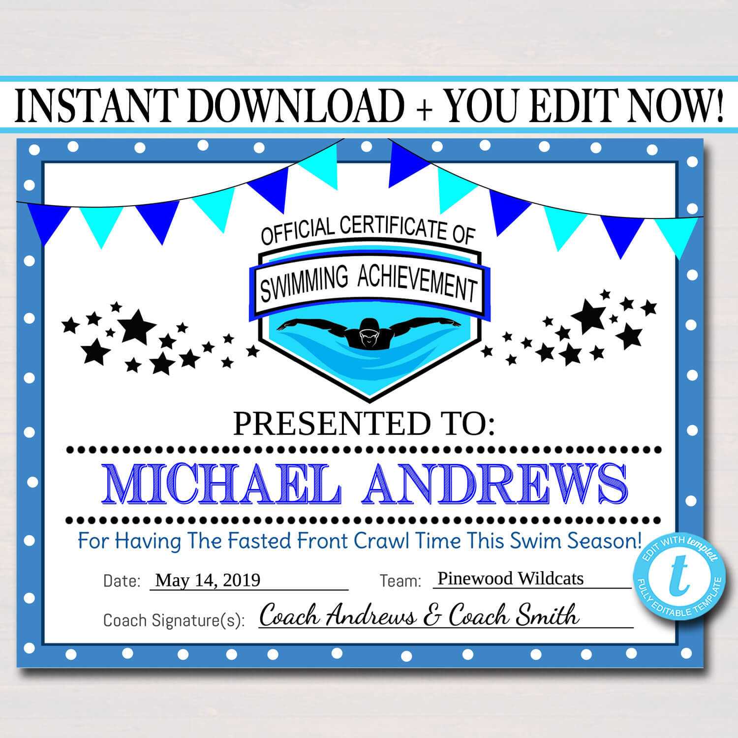 Editable Swim Team Award Certificates, Instant Download, Swimming Awards,  Swimmer Party Printable, Printable Award Sports Swim Certificates Regarding Swimming Certificate Templates Free