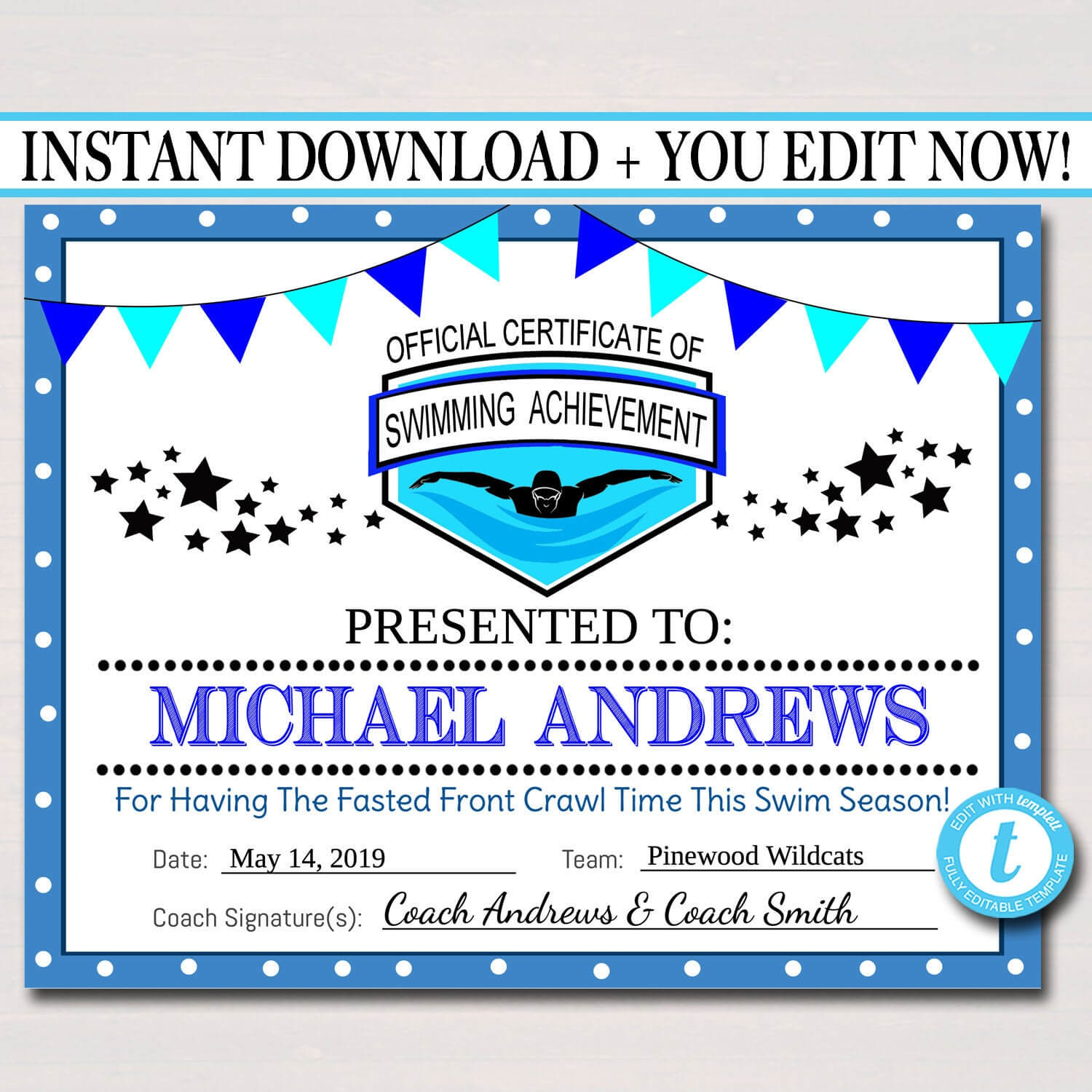 Editable Swim Team Award Certificates, Instant Download, Swimming Awards,  Swimmer Party Printable, Printable Award Sports Swim Certificates Throughout Swimming Award Certificate Template