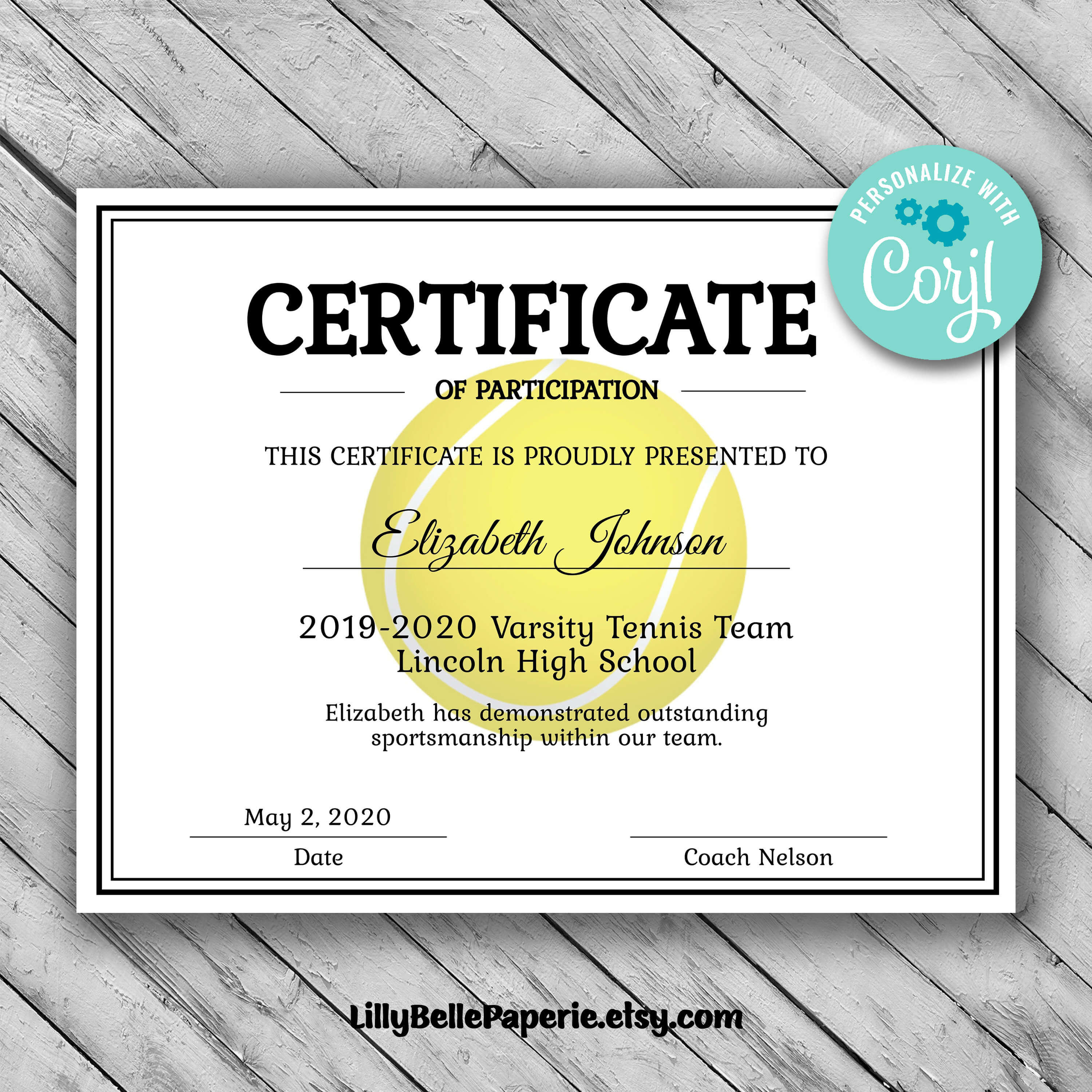 Editable Tennis Certificate Template – Printable Certificate Template –  Tennis Certificate Template Personalized Diploma Certificate Pertaining To Tennis Certificate Template Free