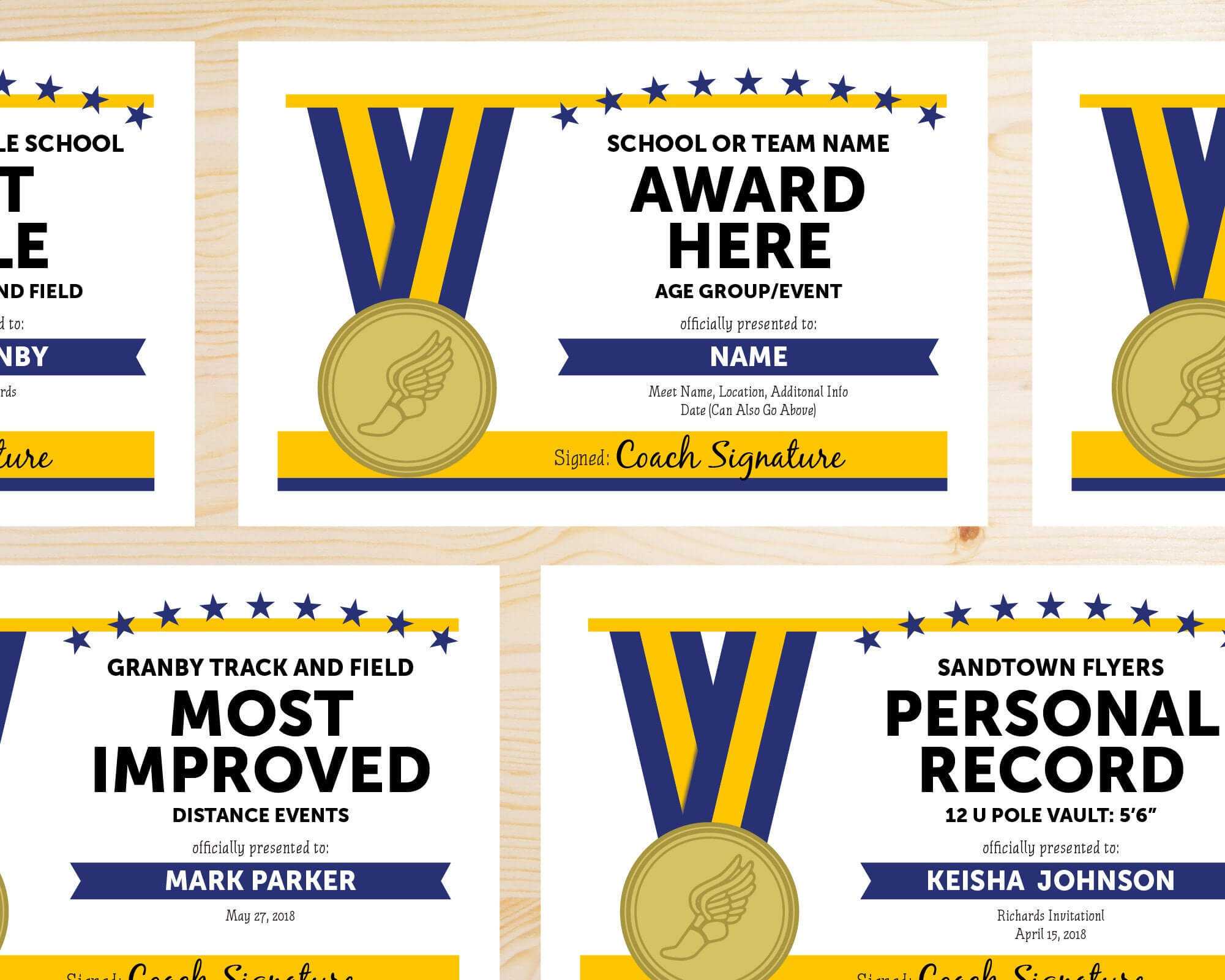 Editable Track And Field Award Certificates – Instant Download Printable –  Blue And Gold Within Track And Field Certificate Templates Free