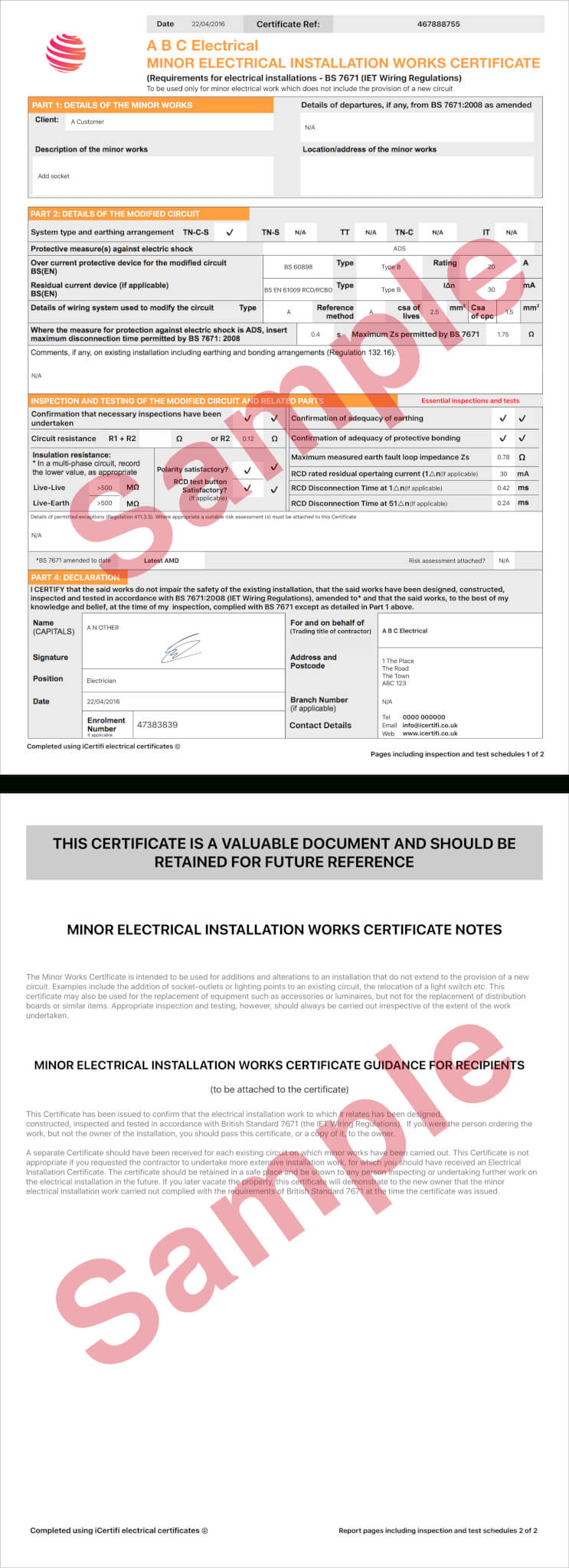 Electrical Certificate – Example Minor Works Certificate For Electrical Minor Works Certificate Template