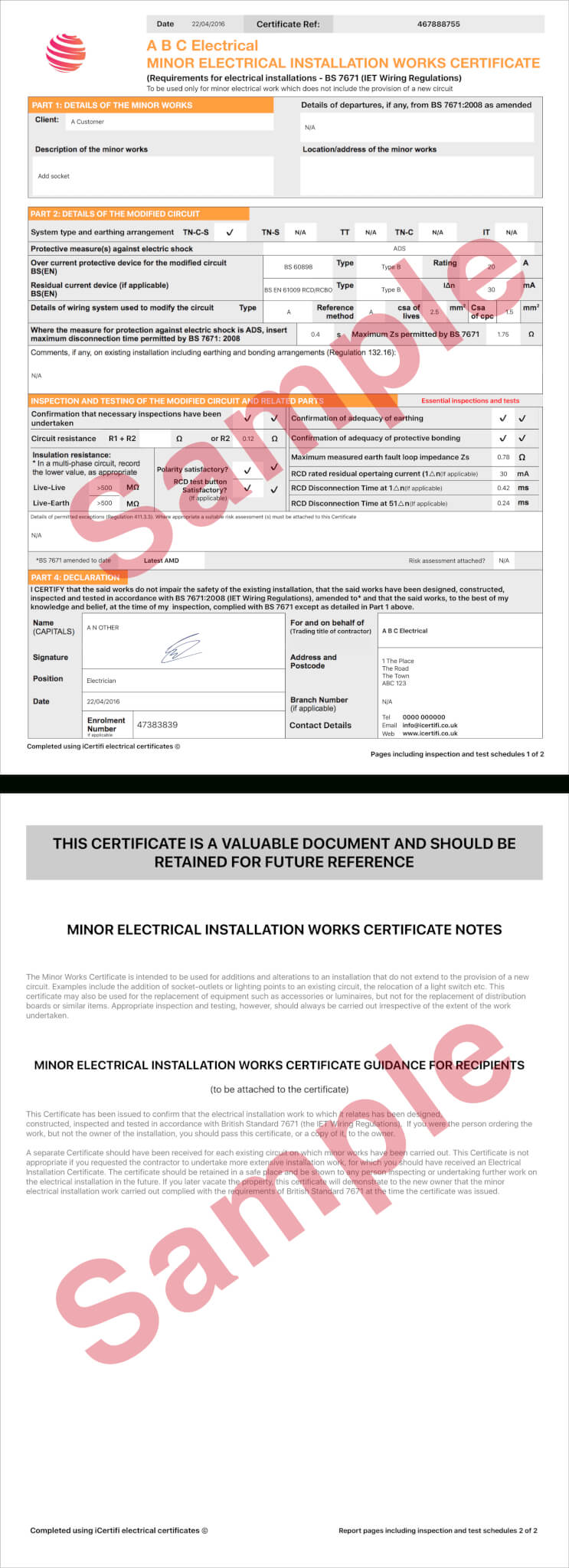 Electrical Certificate – Example Minor Works Certificate Intended For Electrical Installation Test Certificate Template