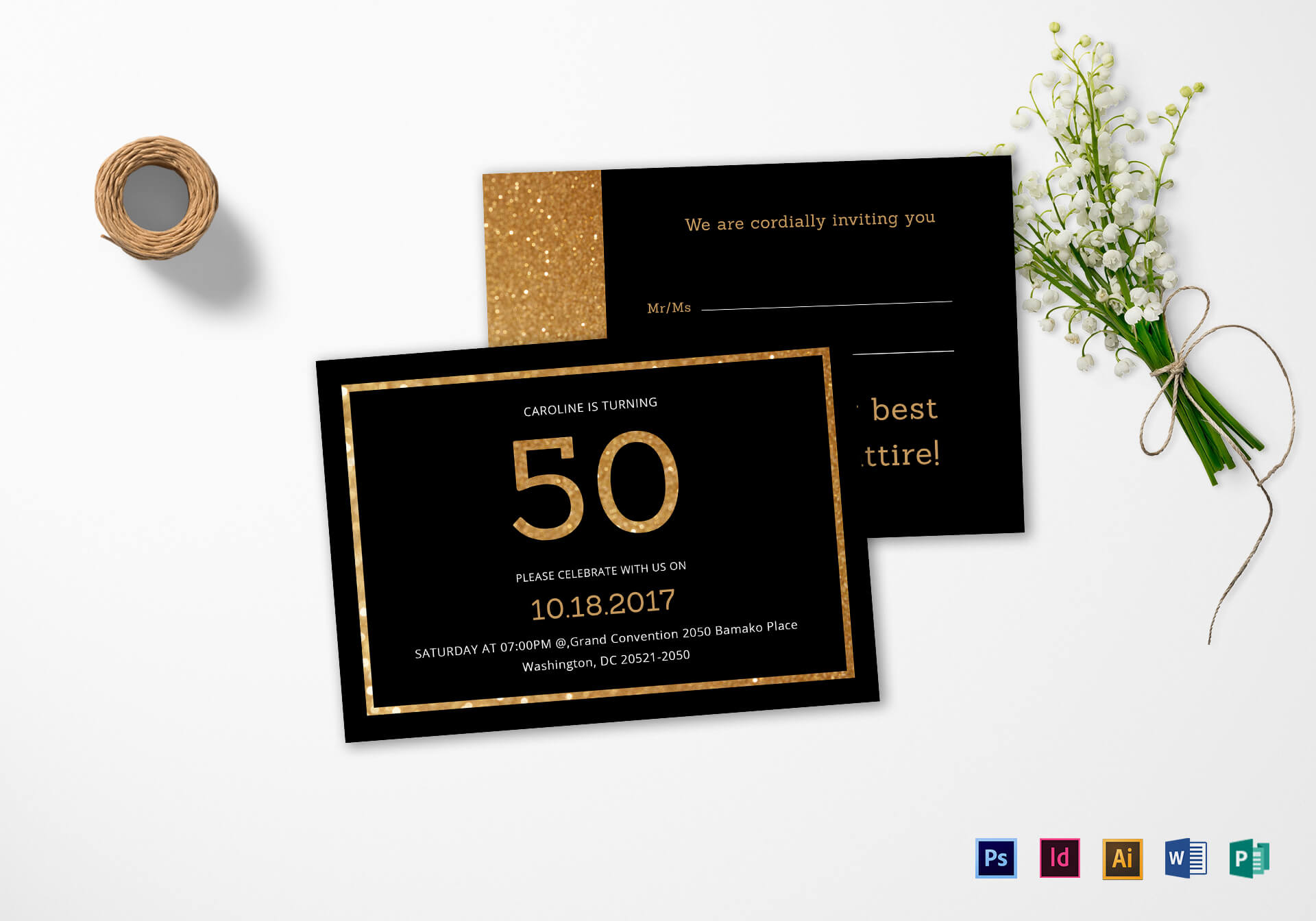 Elegant Black And Gold 50Th Birthday Invitation Template Throughout Indesign Birthday Card Template